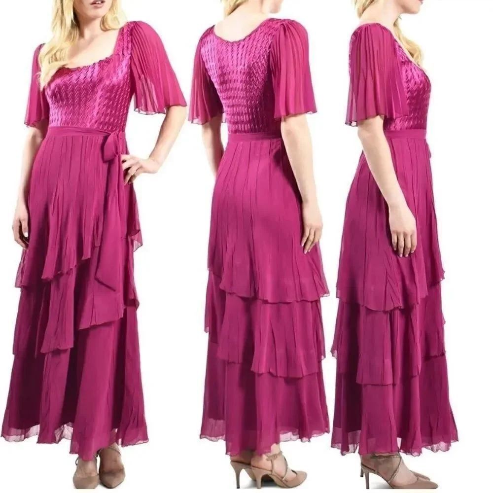 Komarov Women's Pink Flutter Sleeve Tiered Chiffon Maxi Dress $522